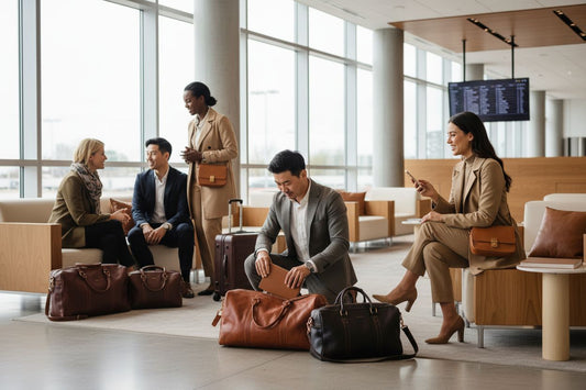 leather travel bags, stylish travel, airport lounge