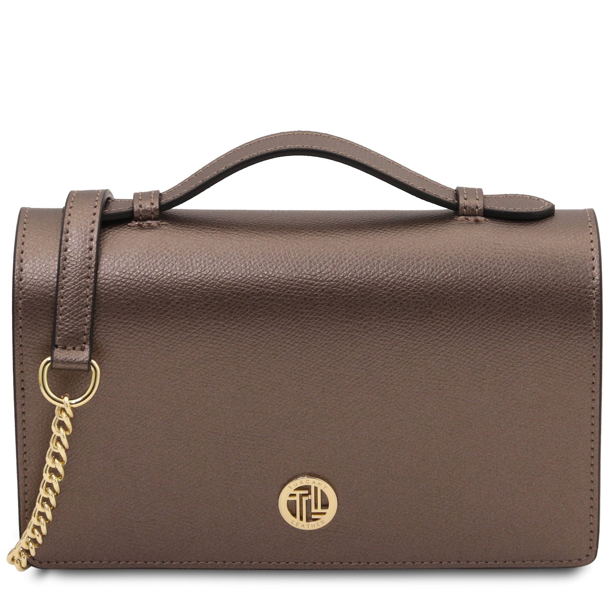 Opera - Leather clutch with chain strap in Palmellato calfskin leather