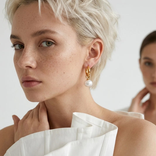 Woman wearing pearl earrings with a plain background