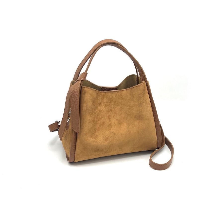 Pienza – Italian Suede Leather Tote Handbag – Espresso Brown with pebbled leather handles and detachable shoulder strap on white background
