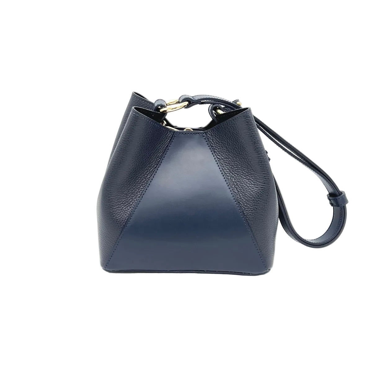 Navy blue handbag with a strap on a white background