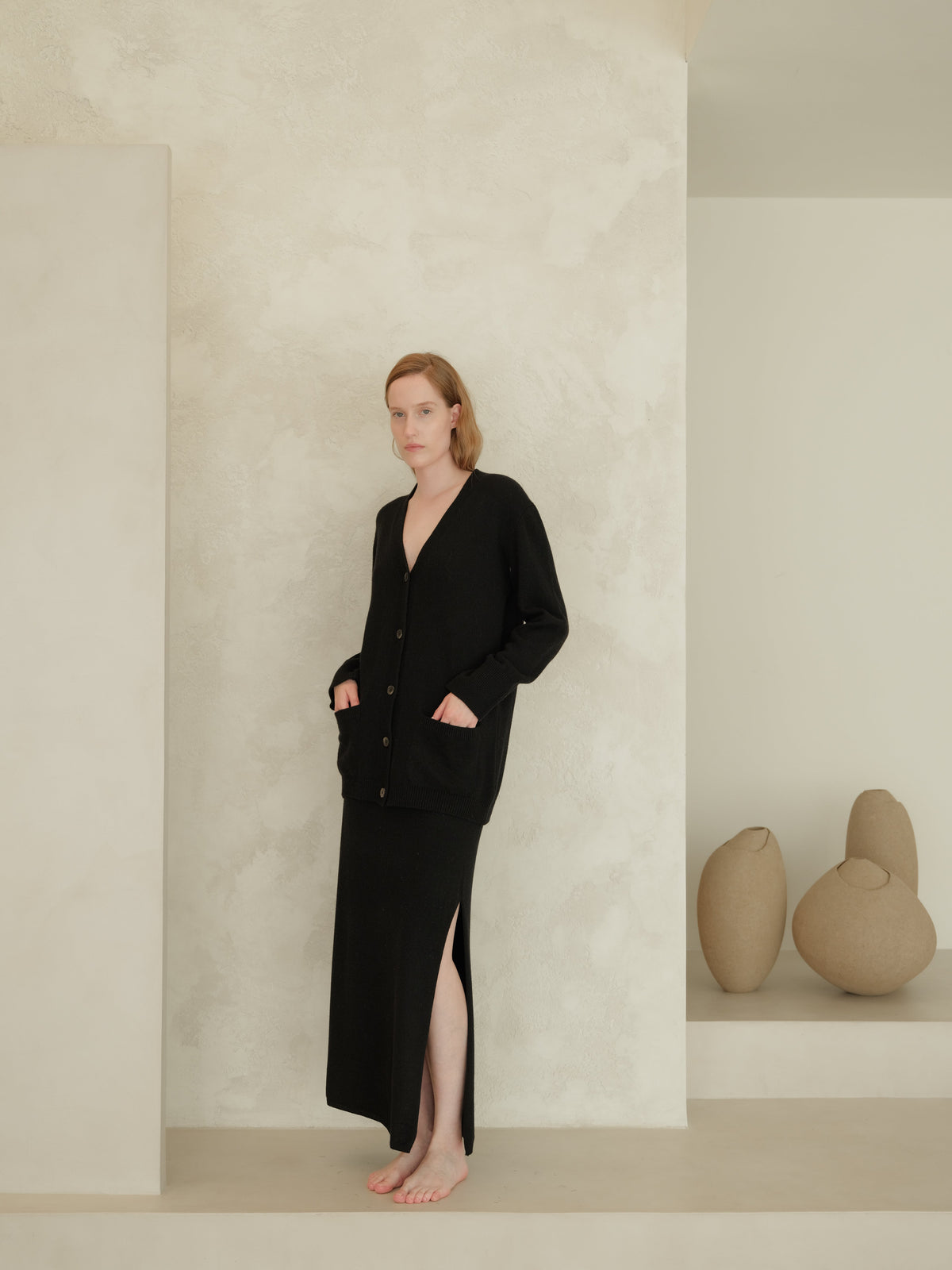 Cashmere Blend High-Waist Long Skirt With Side Slit (3D-Knit)