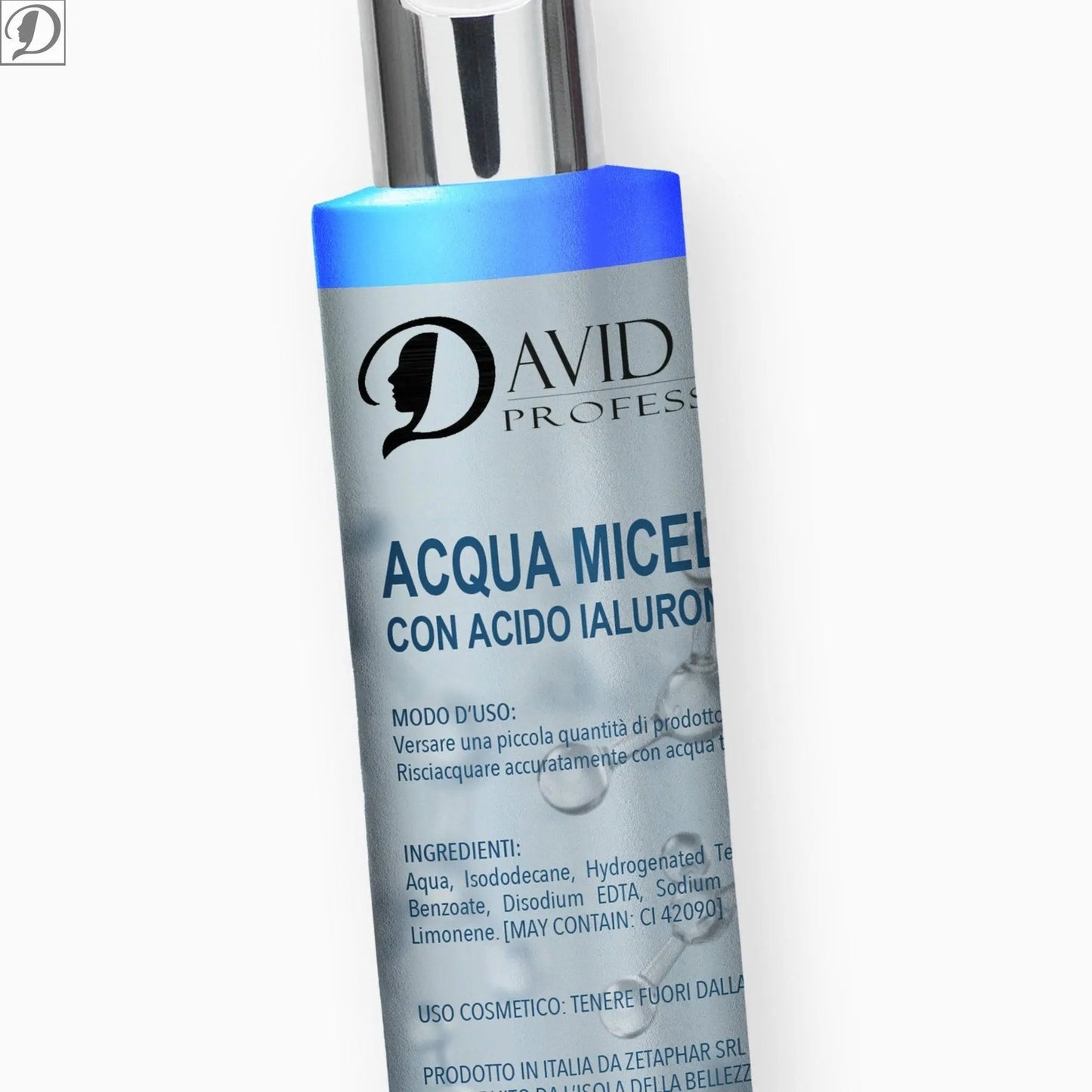 Acqua micellare bifasica con acido ialuronico in flacone con tappo blu e etichetta DavID Professional