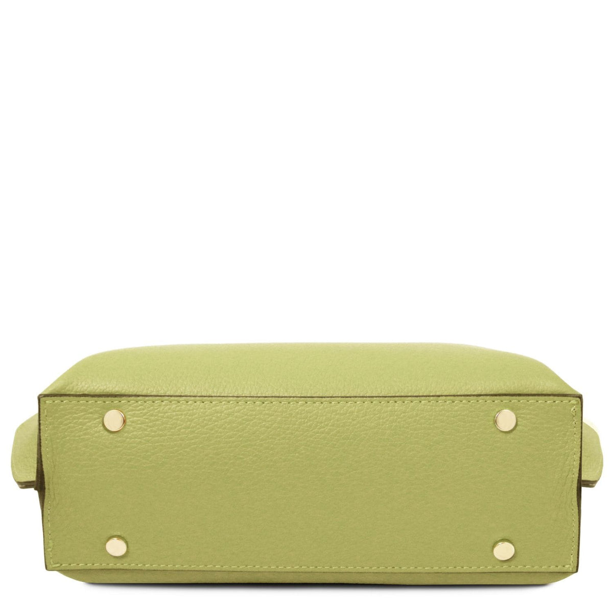 Bottom view of Agatha lime green leather tote with four gold studs and neat stitching.