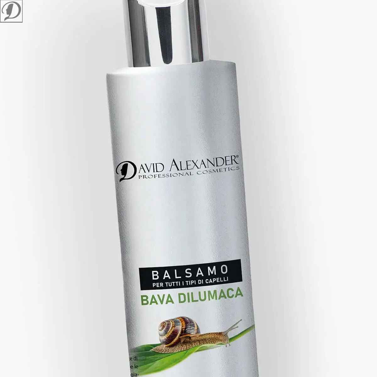 David Alexander silver pump bottle of Balsamo Bava Dilumaca snail slime hair conditioner