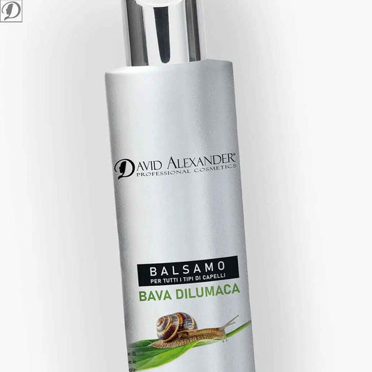 David Alexander silver pump bottle of Balsamo Bava Dilumaca snail slime hair conditioner