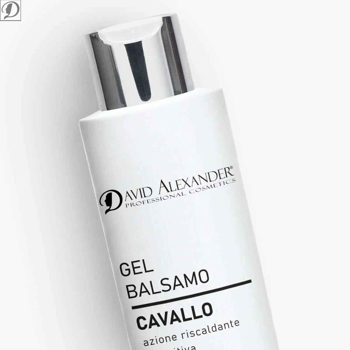 Side view of white Gel Balsamo Cavallo Arnica bottle with Cavallo text on the label