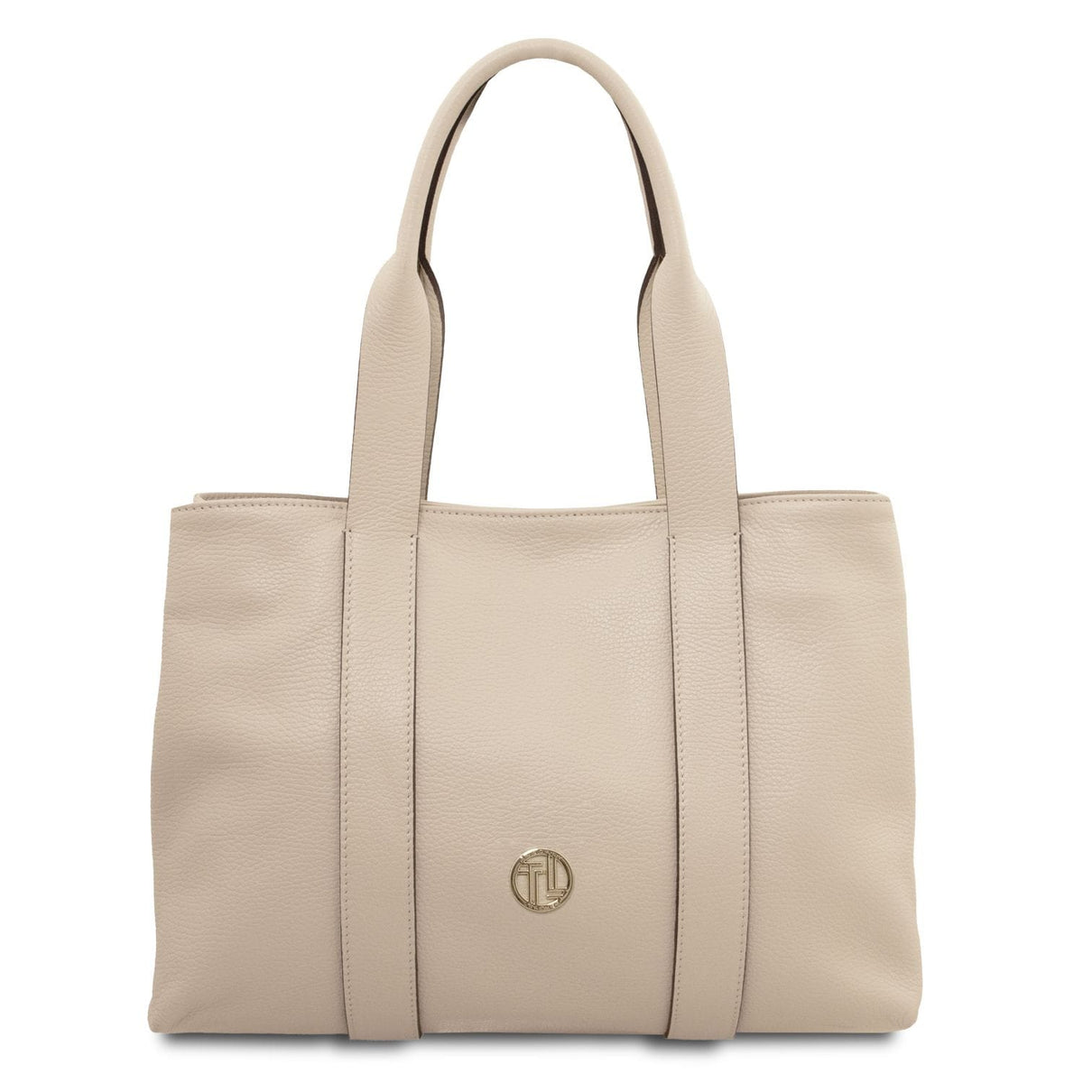 Beige soft leather shoulder bag with two handles and a small gold logo emblem on the front