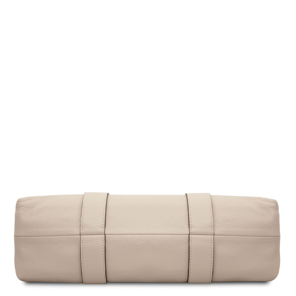 Bottom view of Callie soft leather shoulder bag in beige showing textured leather and stitched straps