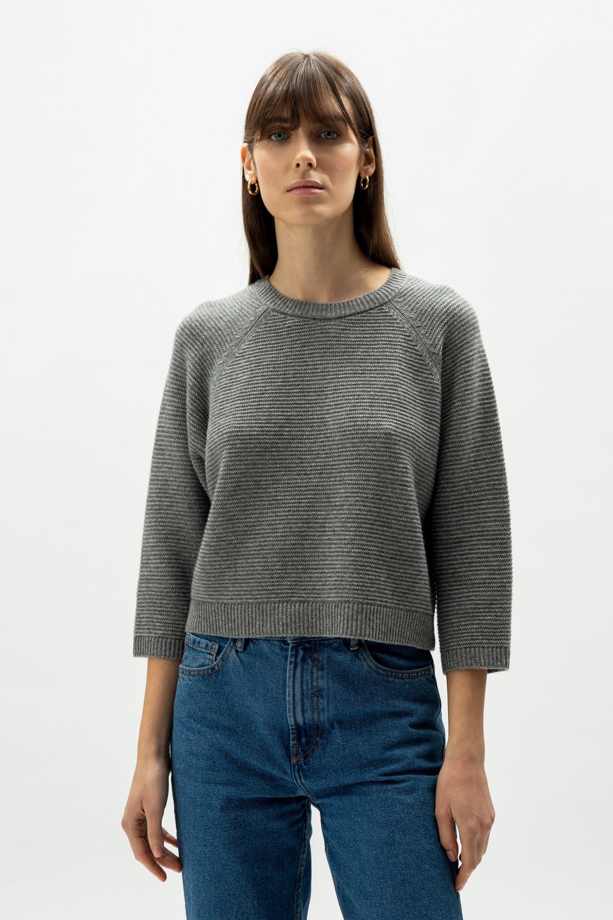 Knitwear Steel Grey / S Cashmere Mix Cropped 3/4 Sleeve Pullover San Rocco Italia