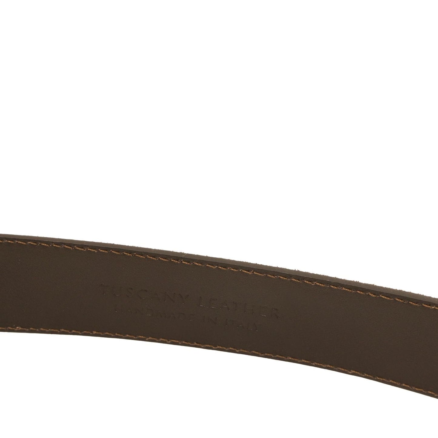 Close up of a brown suede leather belt with visible edge stitching.