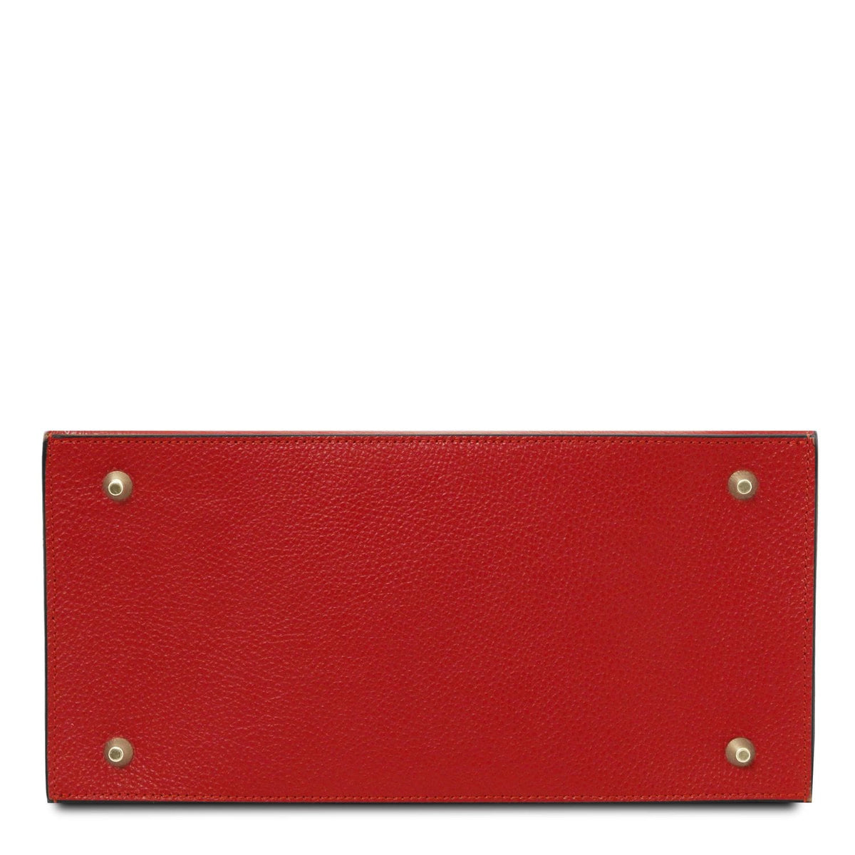 Red leather tote bag bottom with four gold-tone metal studs