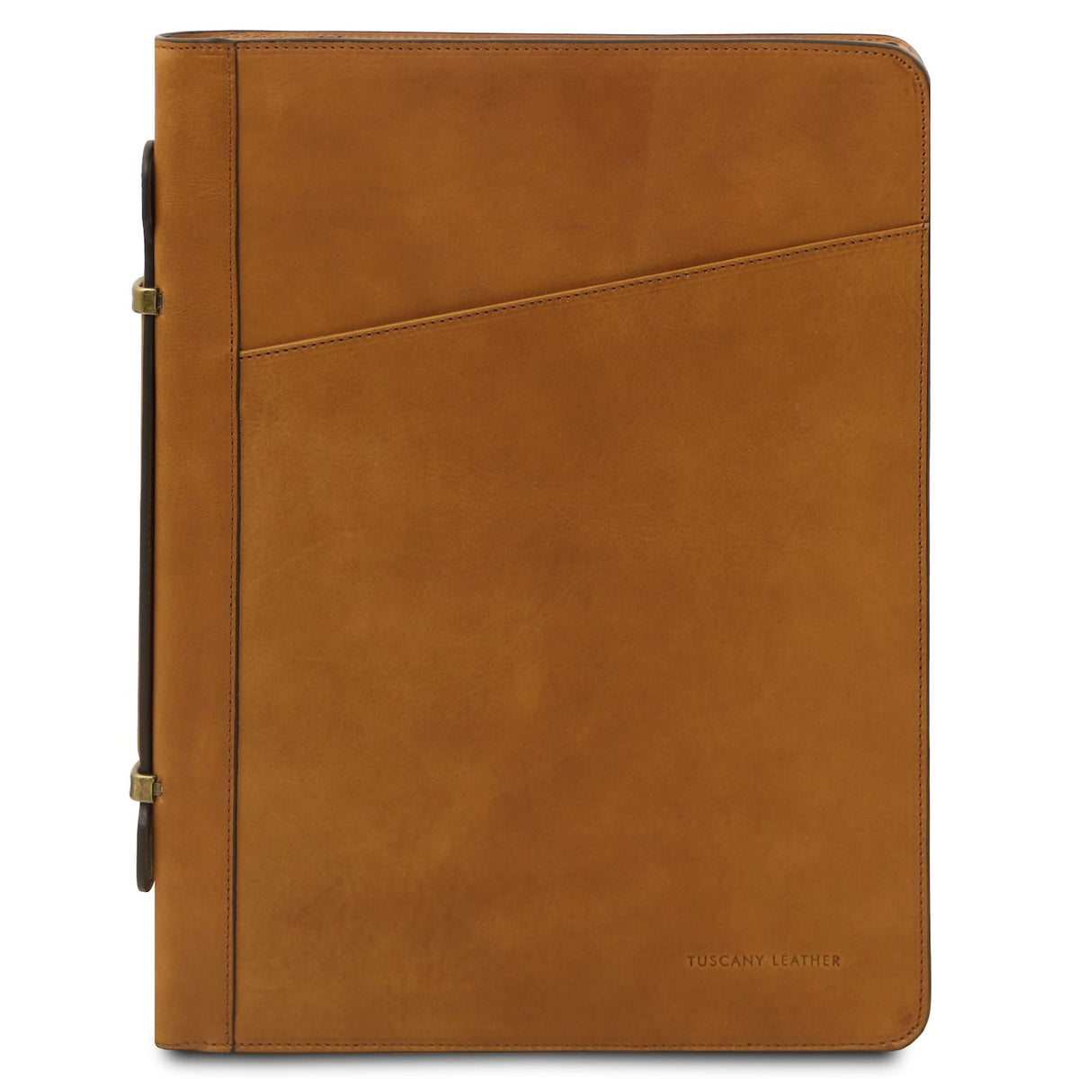 Tan leather document case with side handle and diagonal front pocket