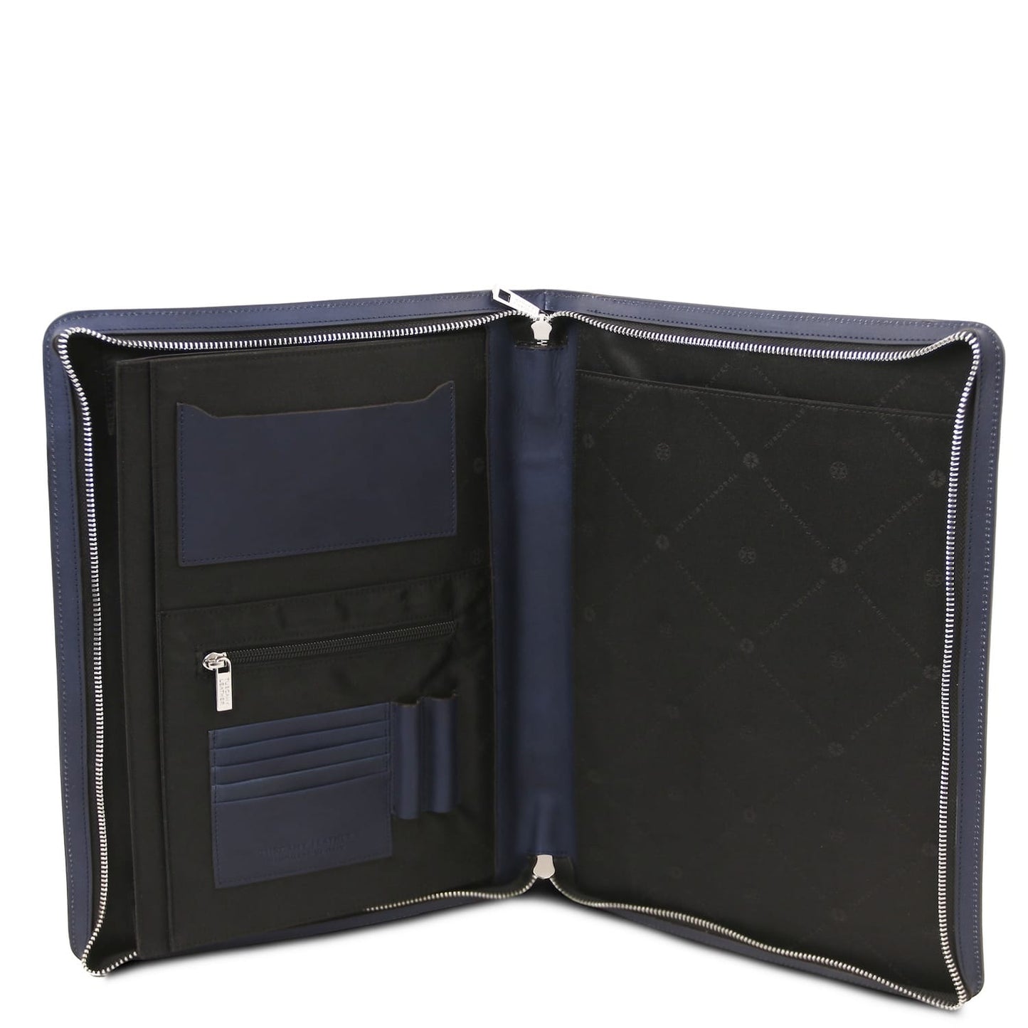 Open interior of the navy blue Costantino document case with card slots zip pocket and divider