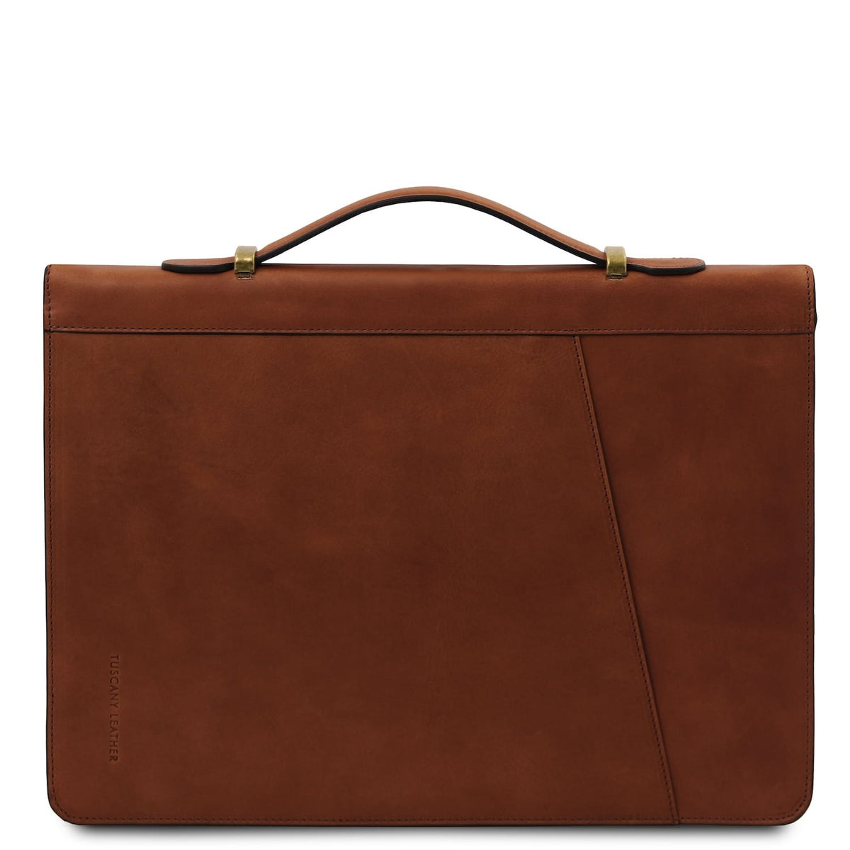Brown leather document case with a curved top handle and diagonal front panel