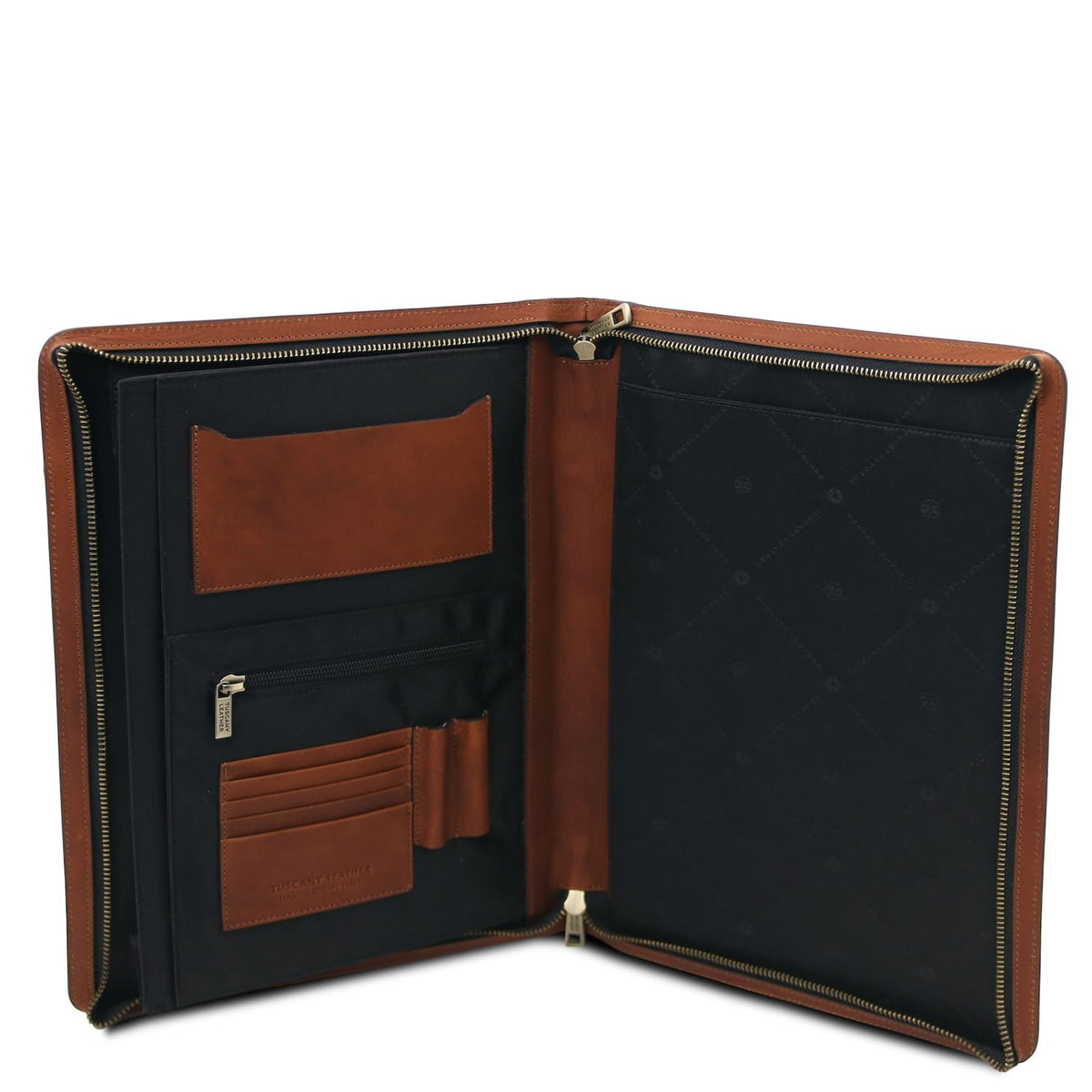 Open leather document case showing black interior with brown card slots and a zip pocket