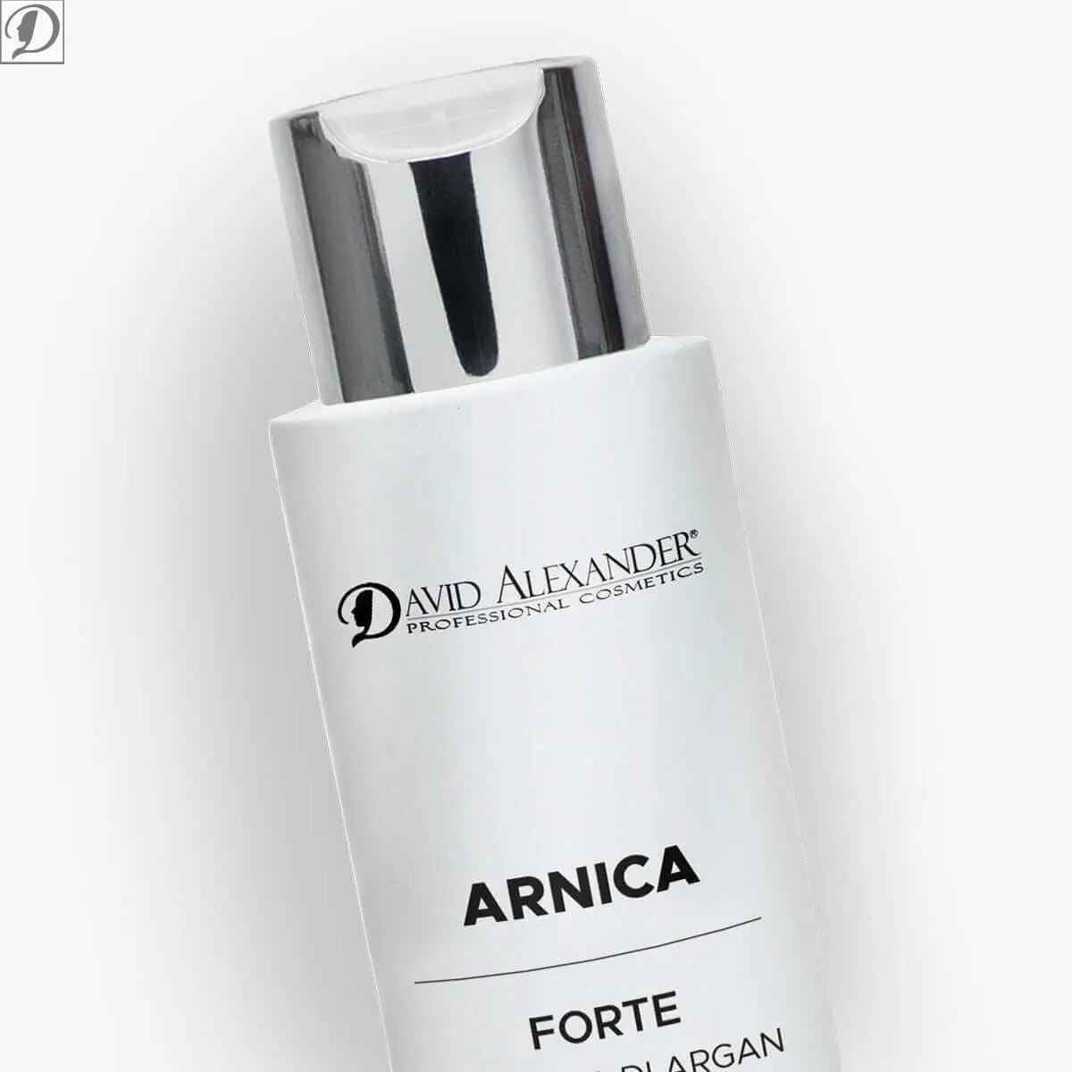 Flacone bianco con tappo cromato contiene crema Arnica Forte da 100 ml