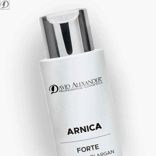 Flacone bianco con tappo cromato contiene crema Arnica Forte da 100 ml