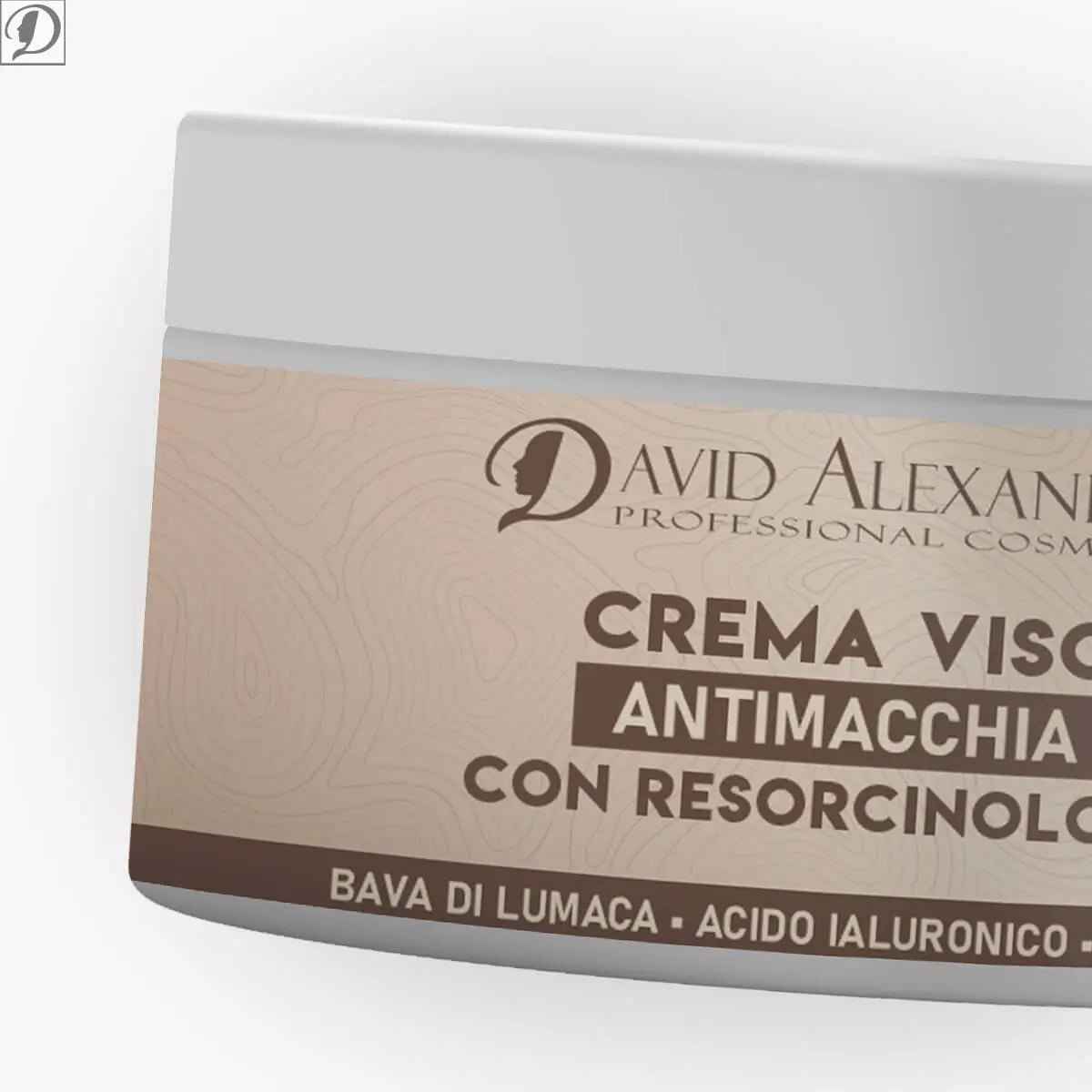 Crema viso antimacchia in vasetto bianco con etichetta beige che richiama bava di lumaca acido ialuronico e resorcinolo