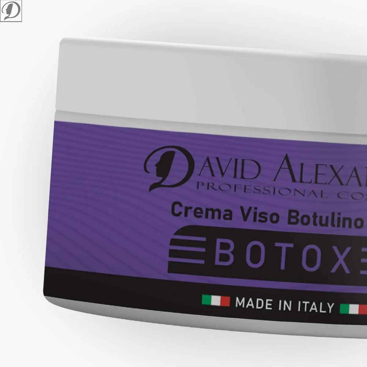 Close-up of the jar label showing Crema Viso Botulino Vegetale 24H Botox with Made in Italy flag