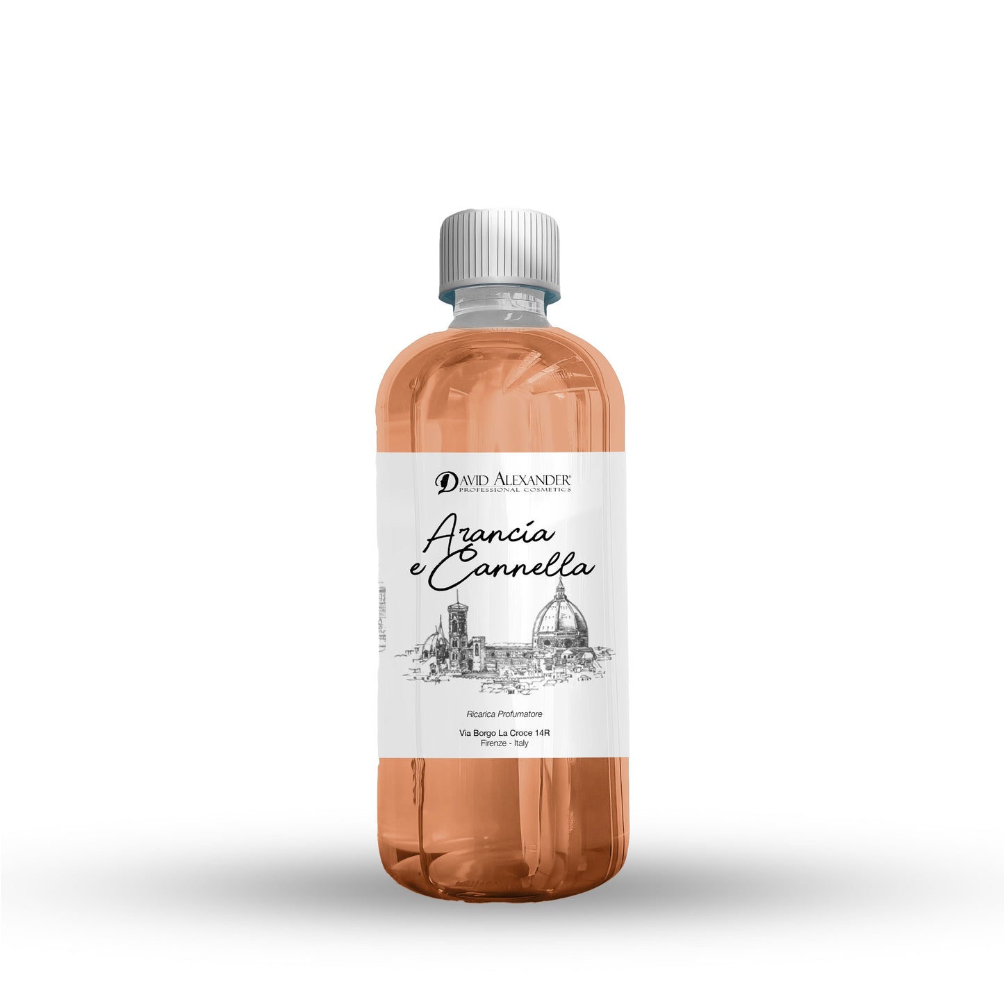 Orange and cinnamon scented refill bottle 500 ml with white label