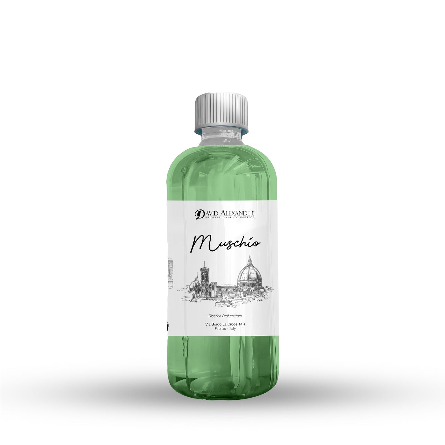 David Alexander Muschio refill perfume bottle in green plastic with a silver cap