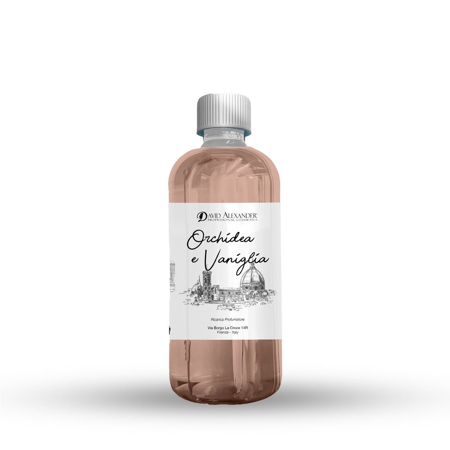 Ricarica profumatore Orchidea e Vaniglia in bottiglia trasparente con liquido rosa e tappo grigio