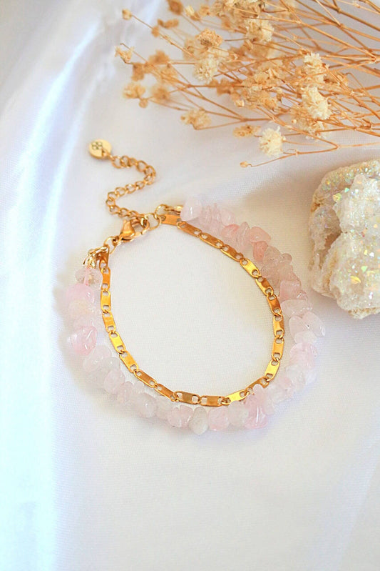 Bracelets Double-Layer Rose Quartz Bracelet & 24k Gold Plated Chain San Rocco Italia