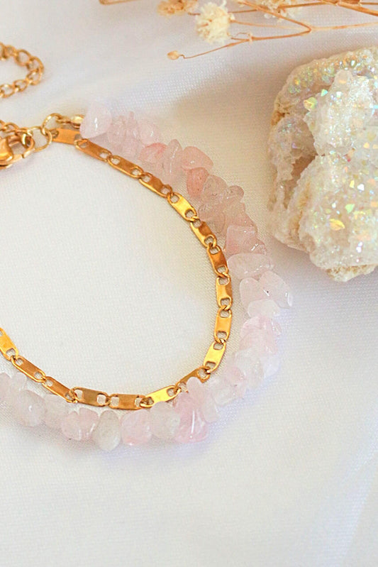 Bracelets Double-Layer Rose Quartz Bracelet & 24k Gold Plated Chain San Rocco Italia