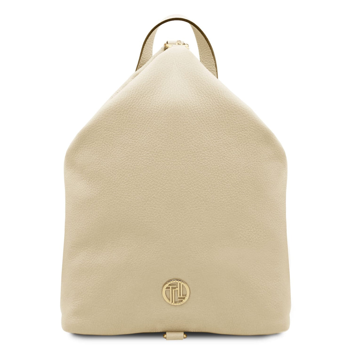 Front view of the beige Dublin leather backpack with pebbled texture gold hardware and logo plaque