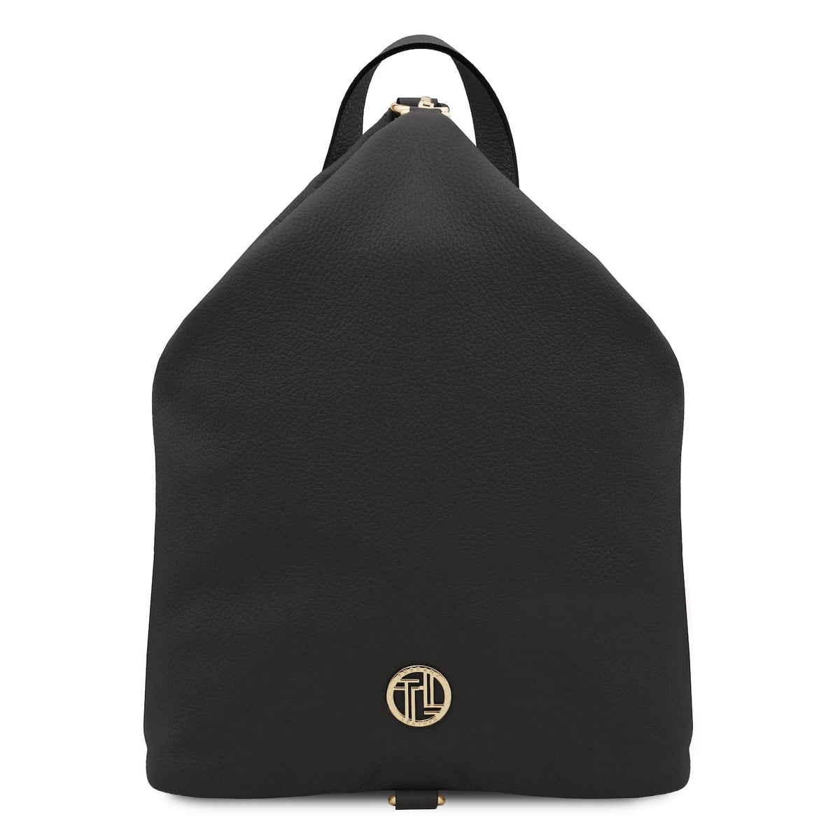 Front view of black Dublin soft Italian leather backpack with gold hardware and a round logo plaque.