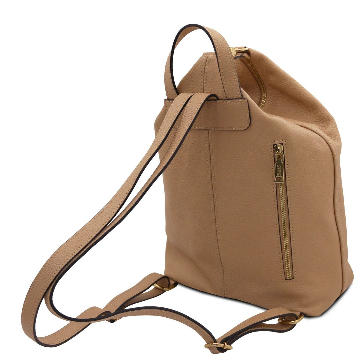 Dublin backpack shown from the side with a vertical gold zipper pocket and tan straps.