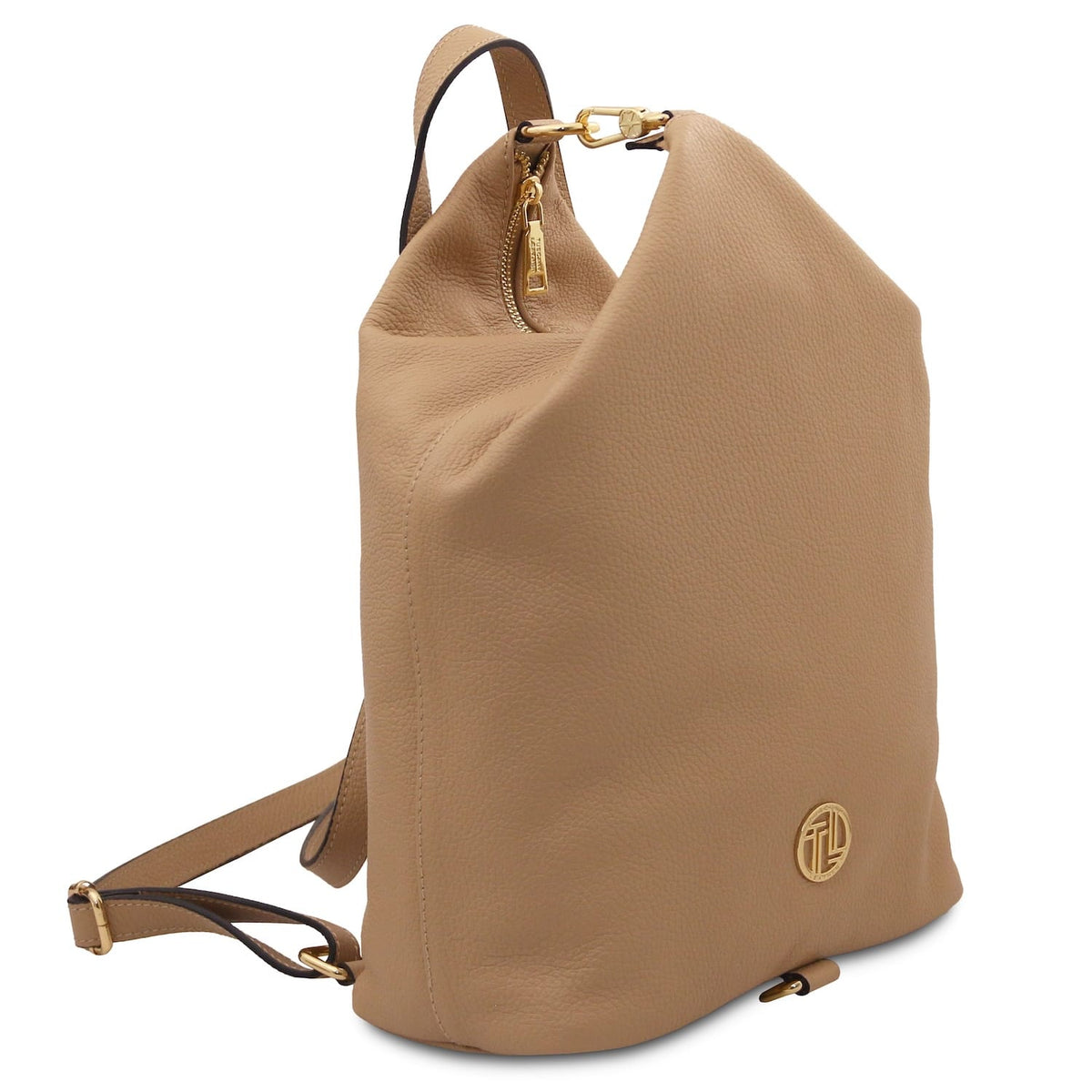 Dublin tan soft Italian leather backpack with gold hardware and small circular logo badge on the front.