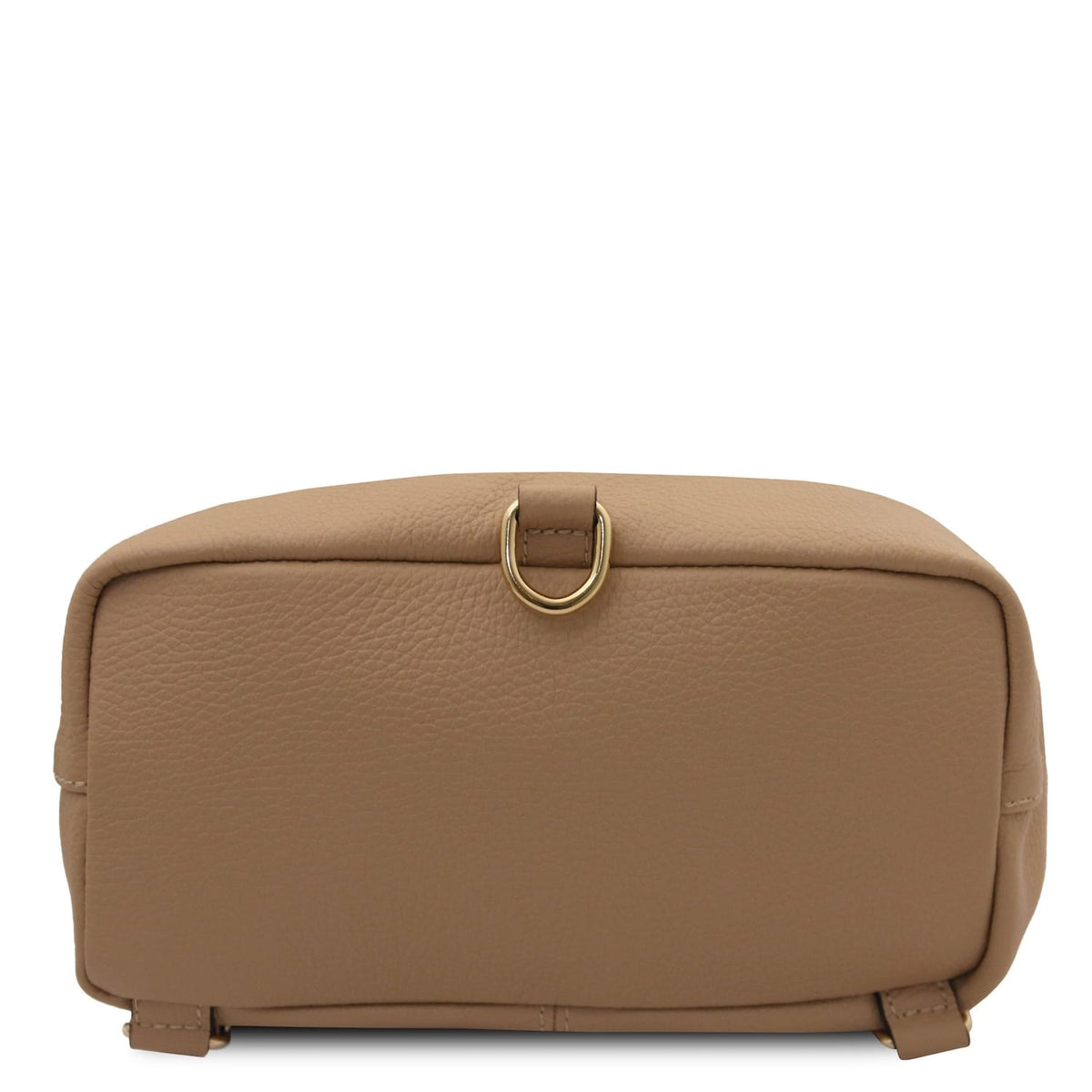 Bottom view of the Dublin tan leather backpack with pebbled texture and a gold ring accent.