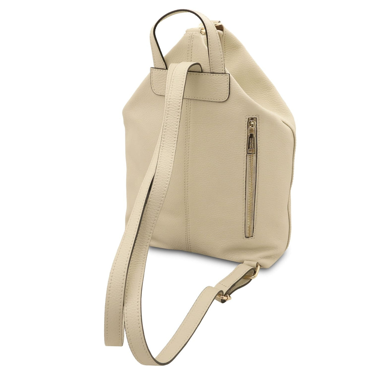 Beige Dublin soft Italian leather backpack shown from the side with top handle and adjustable strap