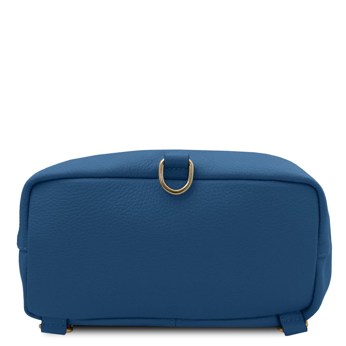 Bottom view of blue Dublin leather backpack showing gold ring hardware and reinforced seams