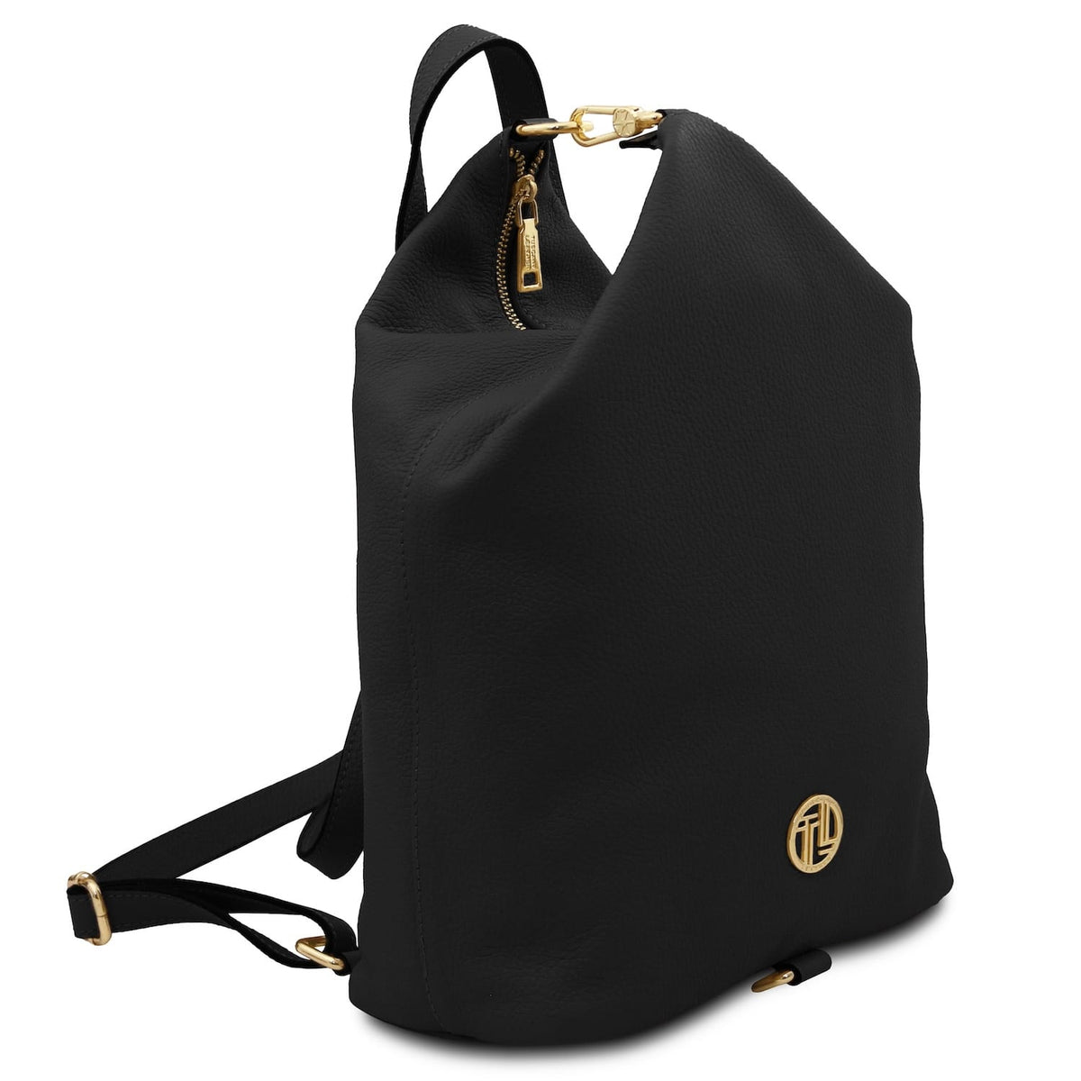 Three-quarter view of black Dublin leather backpack with top zipper and gold hardware.