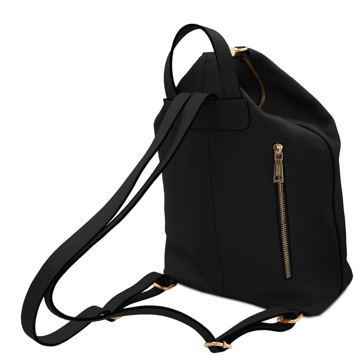 Dublin soft Italian leather backpack in black with a gold zipper pull and adjustable straps