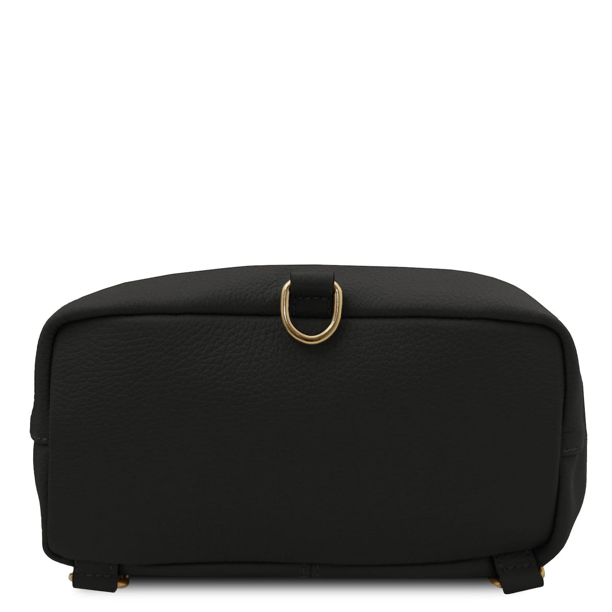 Bottom view of the Dublin leather backpack showing pebbled black leather and gold hardware rings at the base