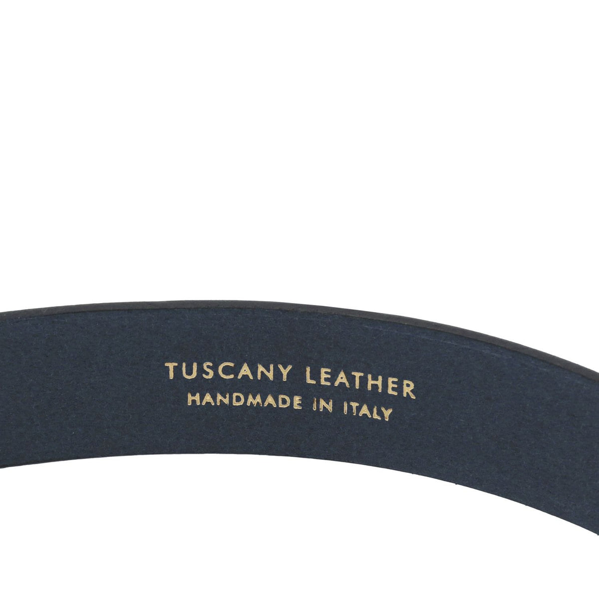 Navy nubuck leather belt curved with gold Tuscany Leather Handmade in Italy inscription on the inside