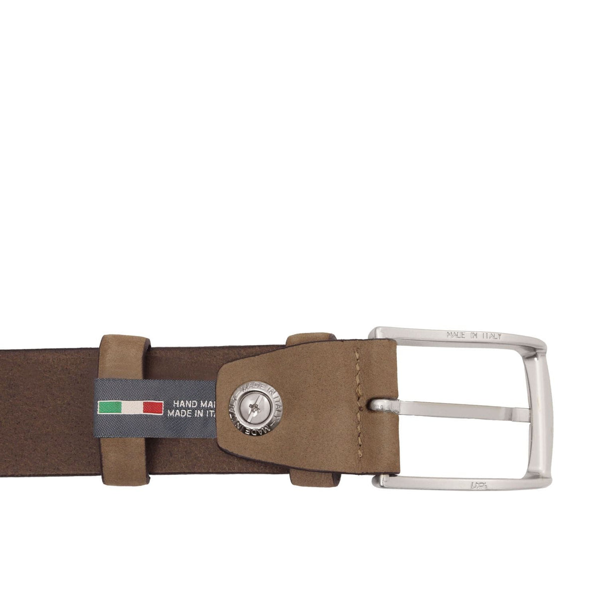 Marron leather belt with boucle argentée and fabric keeper displaying the drapeau italien and MADE IN ITALY.