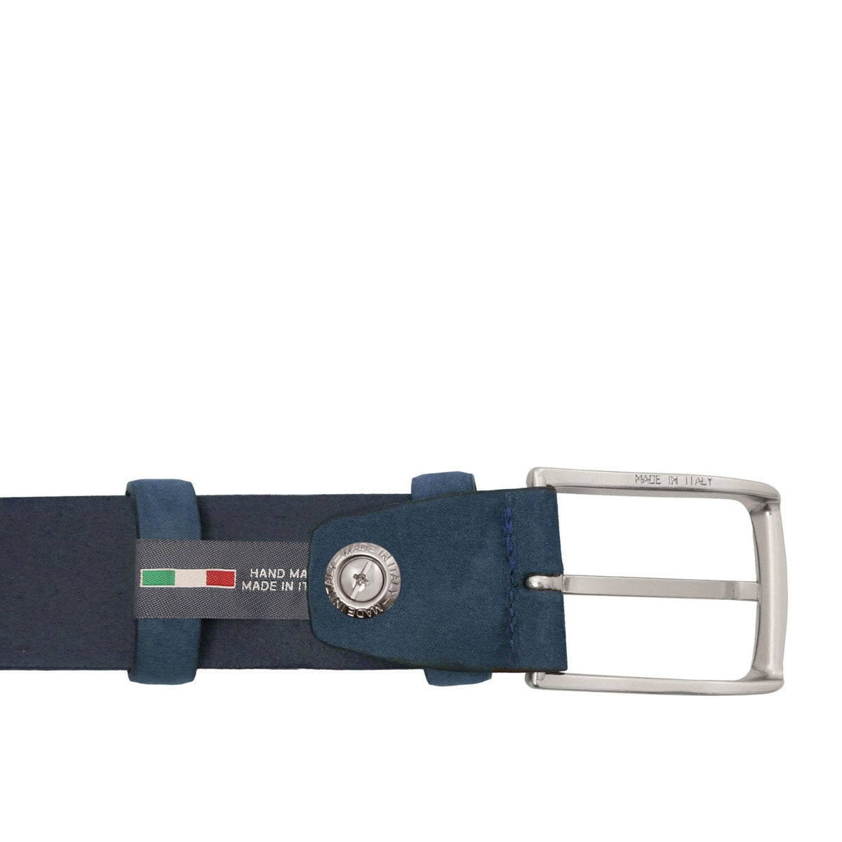 Bleu marine blue 35mm ceinture en cuir nubuck perforé with a boucle argentée