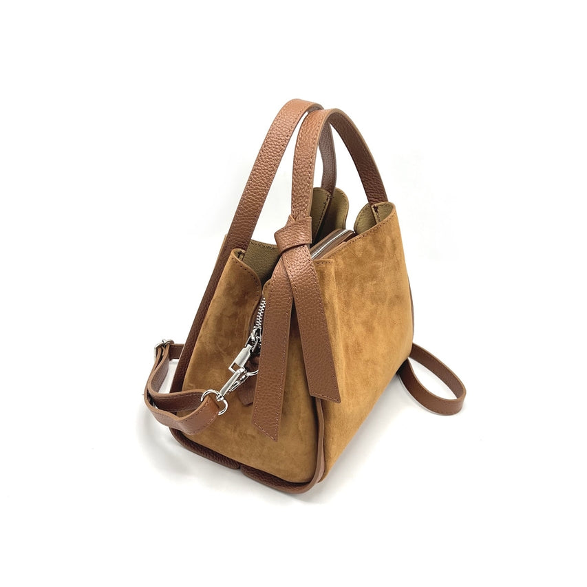 Pienza – Italian Suede Leather Tote Handbag – Espresso Brown with pebbled leather straps, silver zipper, and suede body on white background.