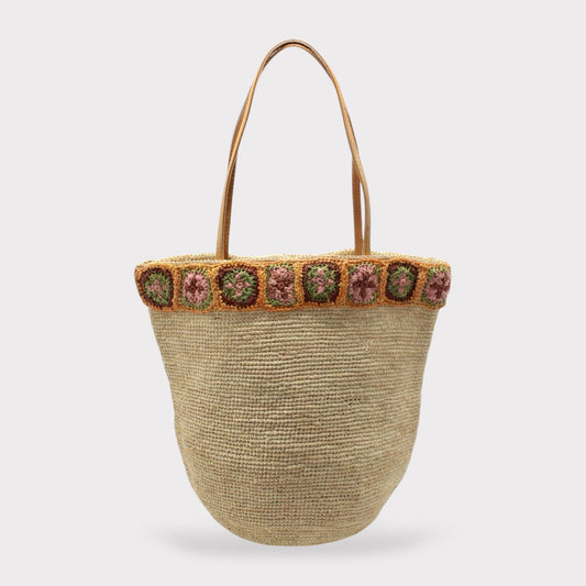 Handbag & Wallet Accessories Beige Flora - Handmade Raffia Bag with Crochet Amber Flower Band San Rocco Italia