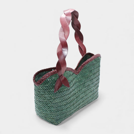 Léafa - Handwoven Leather Shoulder Bag | Burgundy & Green with braided burgundy leather handles and textured green woven leather body.