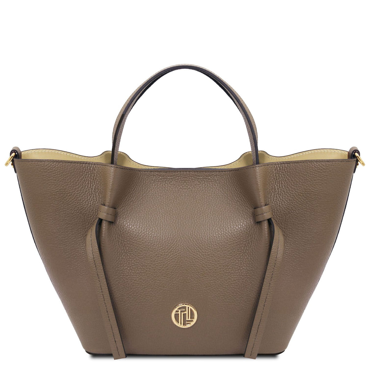 Legame - Italian leather shopping bag - Large size | TL142481 in taupe pebbled leather with top handles, gold hardware, on white background.