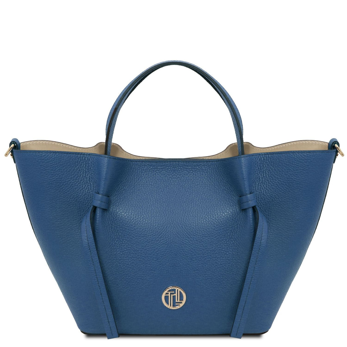Legame large blue Italian leather shopping bag with two top handles and a detachable strap