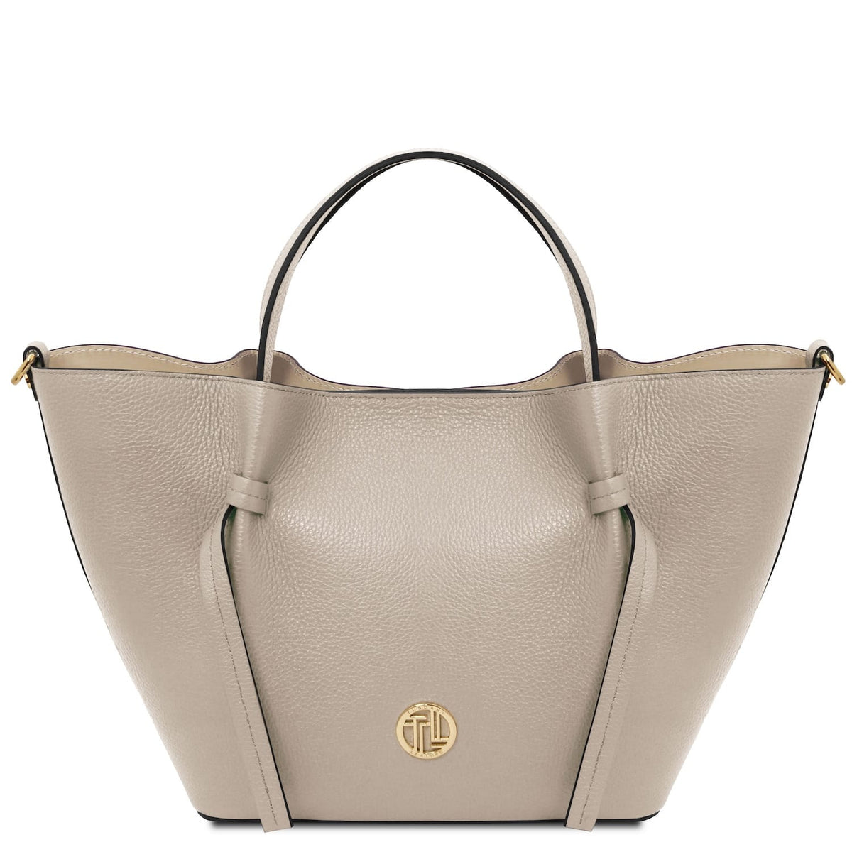 Light taupe handbag with a gold logo on a white background