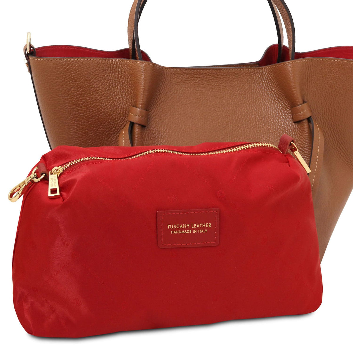 Legame - Italian leather shopping bag - Large size | TL142481 in brown pebbled leather with double handles and red fabric pouch with gold zipper on white background.