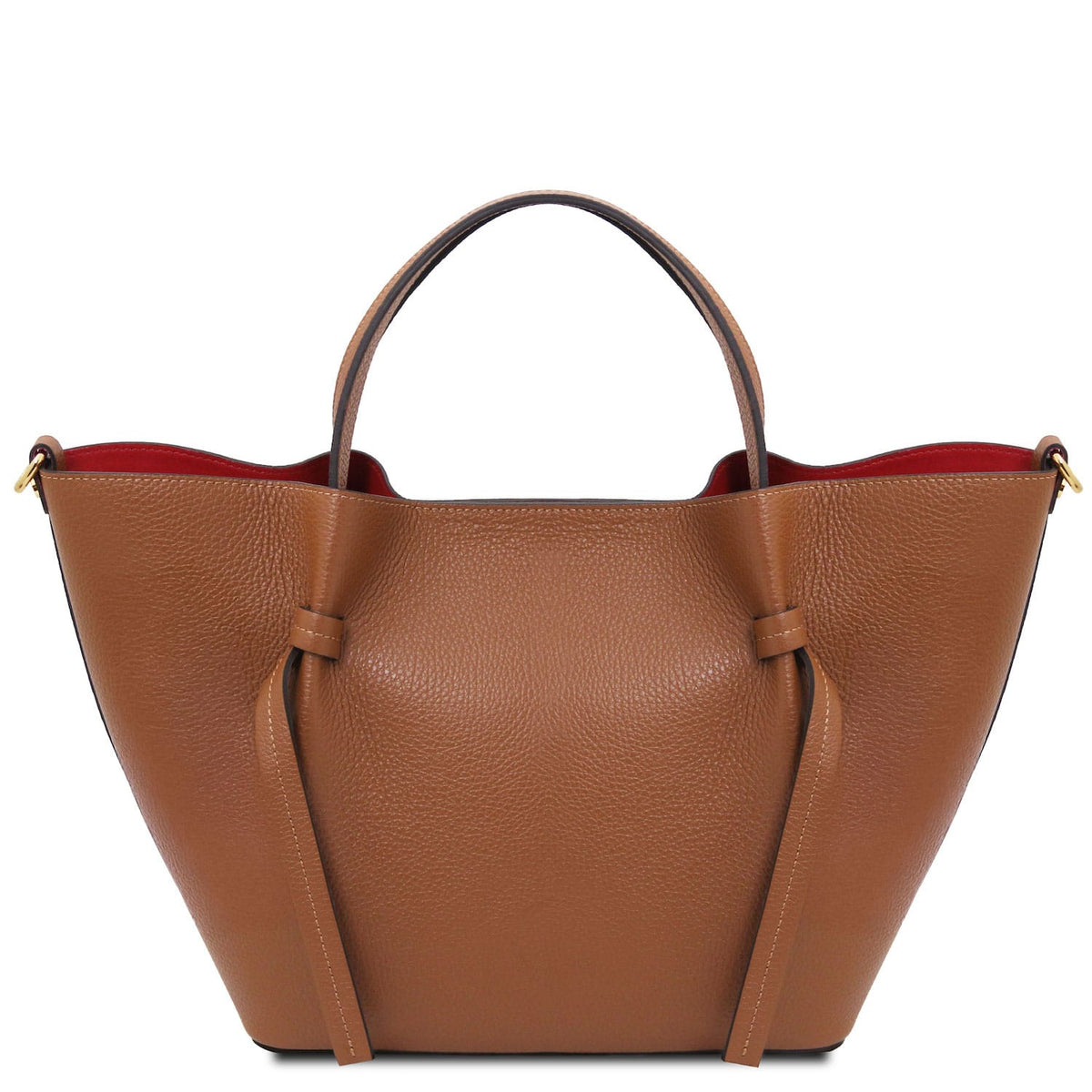 Legame - Italian leather shopping bag - Large size | TL142481 in brown pebbled leather with dual top handles and red interior on white background